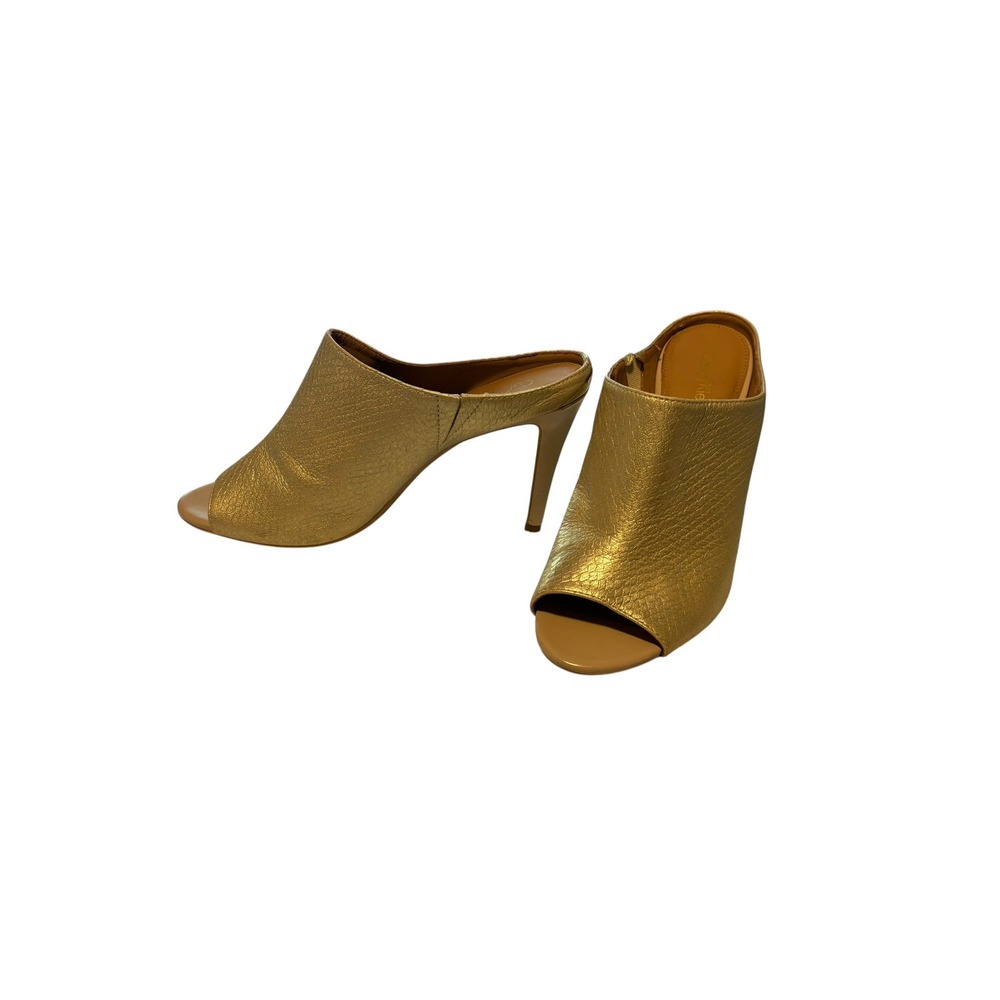 Calvin Klein Nola Slip on 4" High Heel Mules. Gold Lame‎ SZ 7. Shimmery. Party